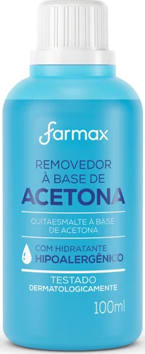 Embalagem de referência do removedor de esmalte com acetona e glicerina Farmax 100 ml.