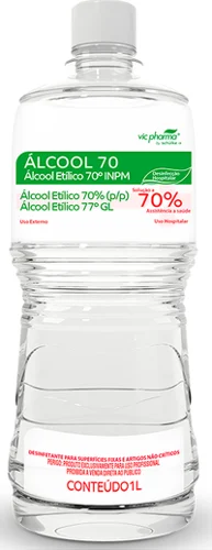 Embalagem de referência de álcool 70% de uso geral.