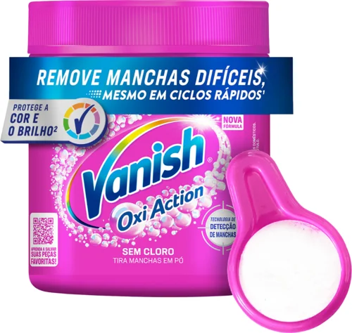 Embalagem do Vanish Oxi Action Pink em pó para tecidos coloridos.
