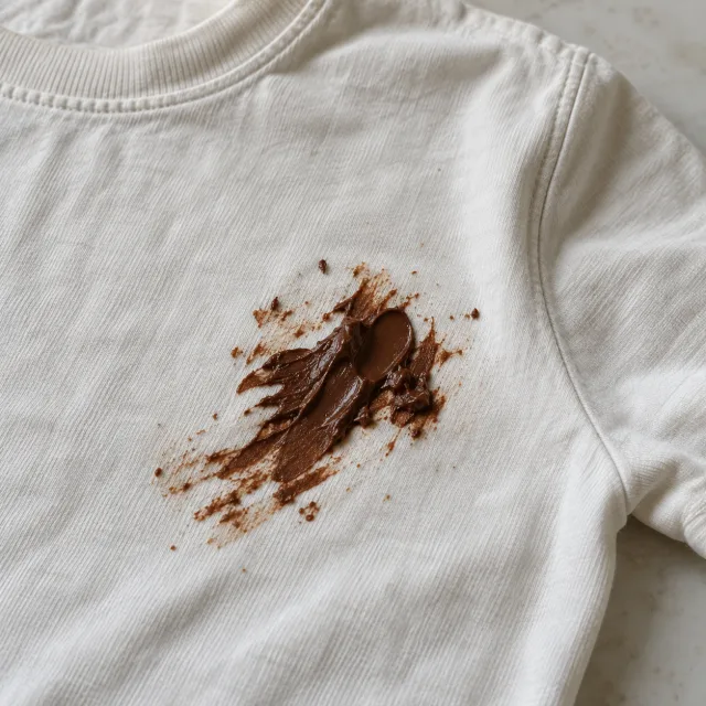 Fotografia ilustrativa de mancha de chocolate cacau em tecido.