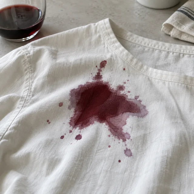Fotografia ilustrativa de mancha de vinho em tecido.