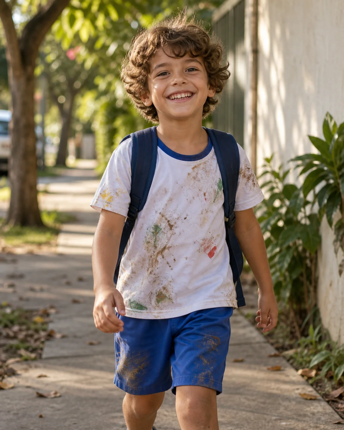 Criança sorrindo na volta da escola, com mochila, camiseta branca e short azul sujos de terra, grama e tinta.